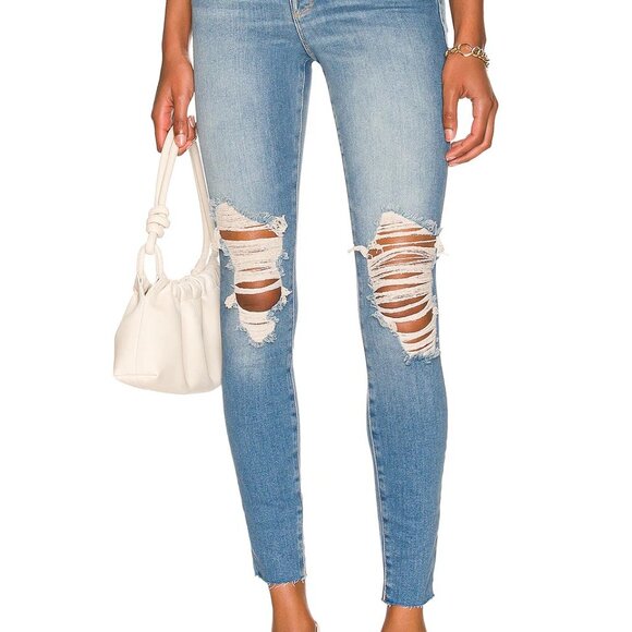 Good American Good Waist Distressed Raw Hem Skinny Jeans Size 0/25 Indigo016 - Picture 5 of 7